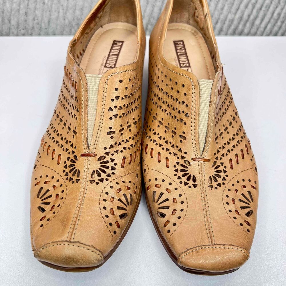 Pikolinos Tan Leather Slip On Laser Cut Boho Wedge Loafers‎ Womens US 8.5 EU 39